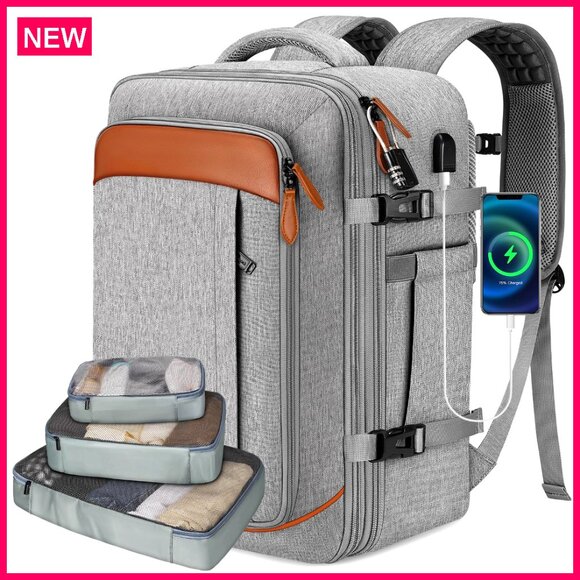 Expandable 40L Travel Backpack with 3 Packing Cubes Fits 17.3